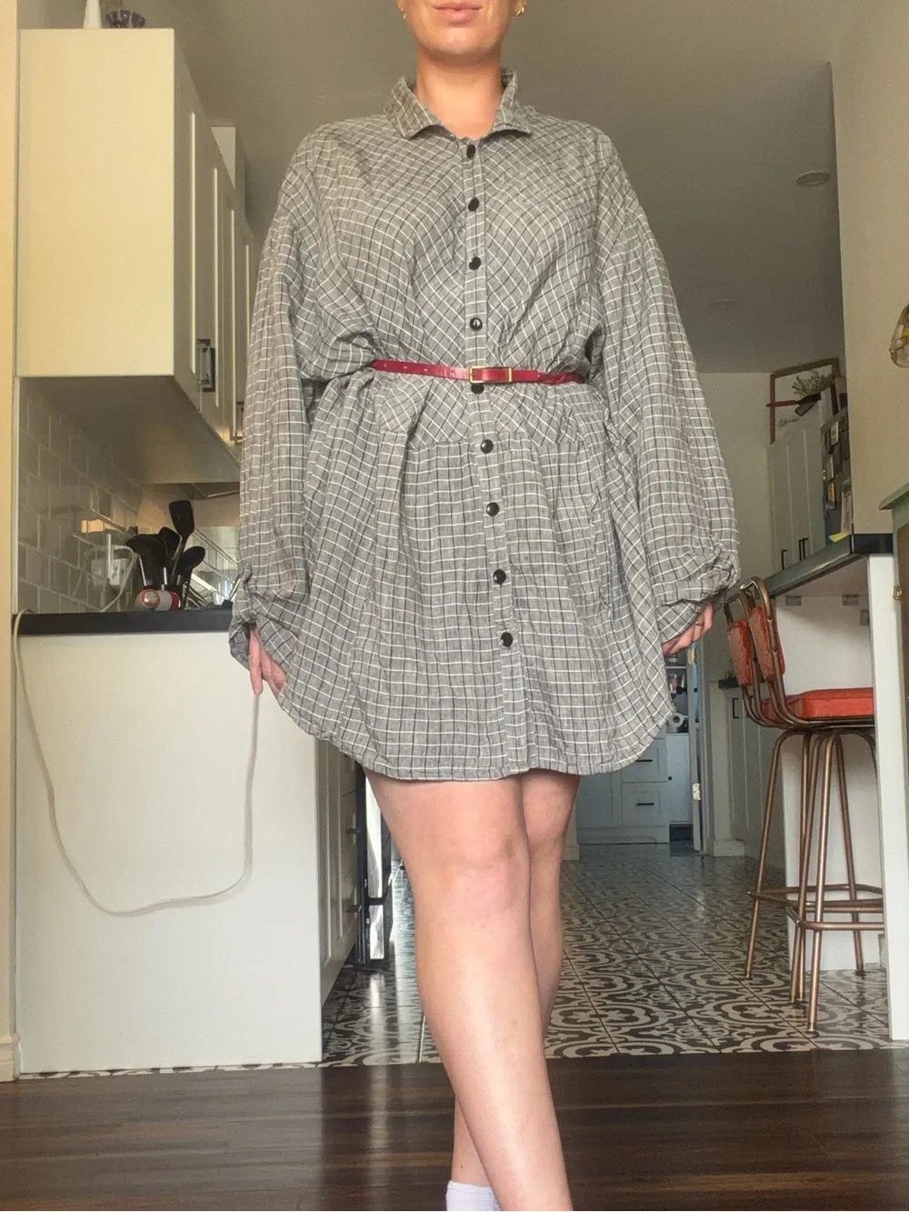 Flax Windowpane Linen Shirt Dress in Gray, black and Cream plaid - Picture 8 of 17